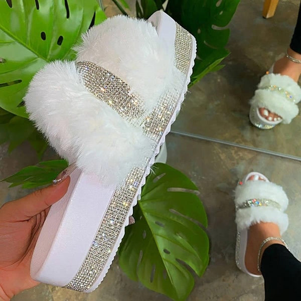 Faux Fur Rhinestone Slippers