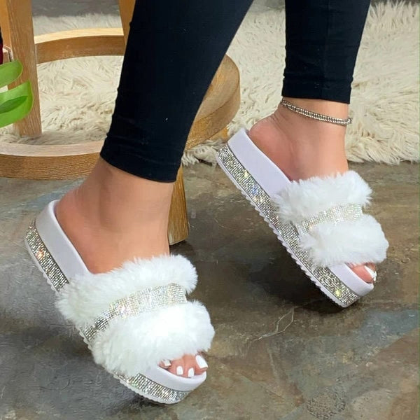 Faux Fur Rhinestone Slippers