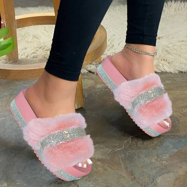 Faux Fur Rhinestone Slippers