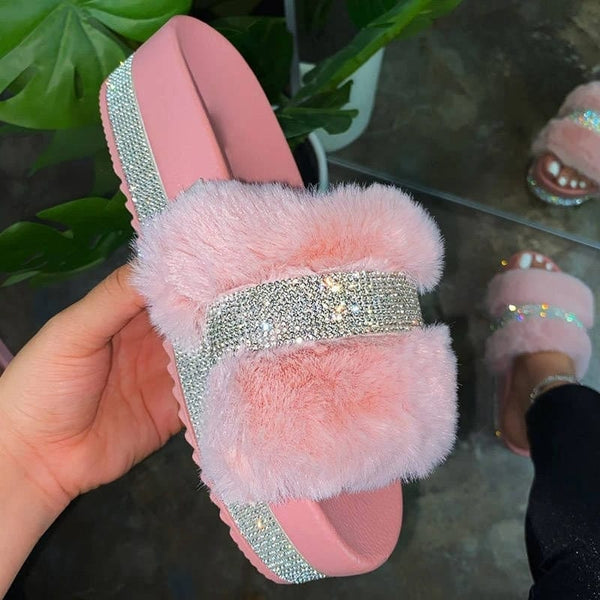 Faux Fur Rhinestone Slippers