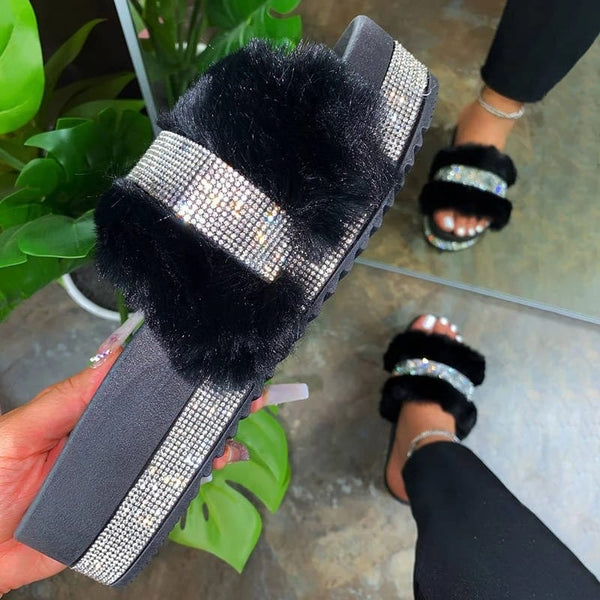 Faux Fur Rhinestone Slippers