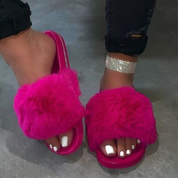 Faux Fur Rhinestone Slippers