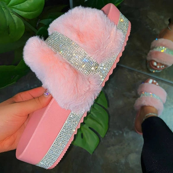 Faux Fur Rhinestone Slippers