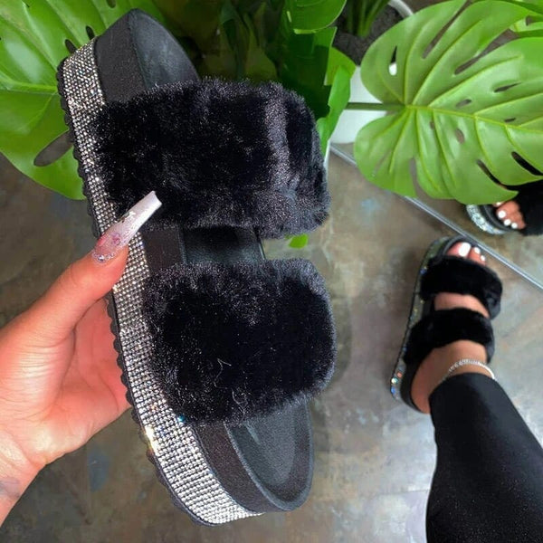 Faux Fur Rhinestone Slippers