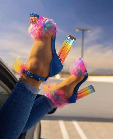 Rainbow Furry Fur High Heels Sandal