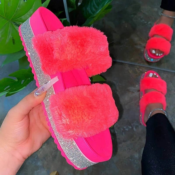 Faux Fur Rhinestone Slippers
