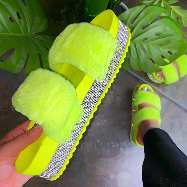 Faux Fur Rhinestone Slippers