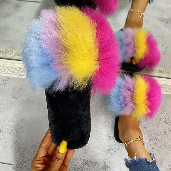 Faux Fur Rhinestone Slippers