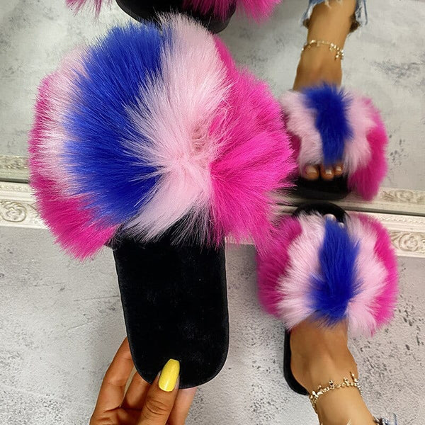 Faux Fur Rhinestone Slippers