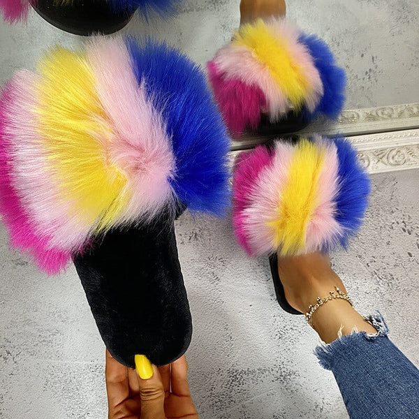 Faux Fur Rhinestone Slippers