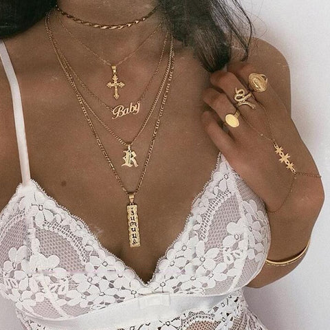 Vintage Gold Color BABY Letter Cross Multi-layer Necklace Pendant Necklace for Women
