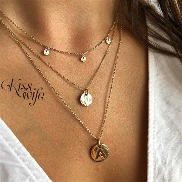 Bohemian Letter A Necklace for Women Long Chain Round Coin Multilayer Choker 2021