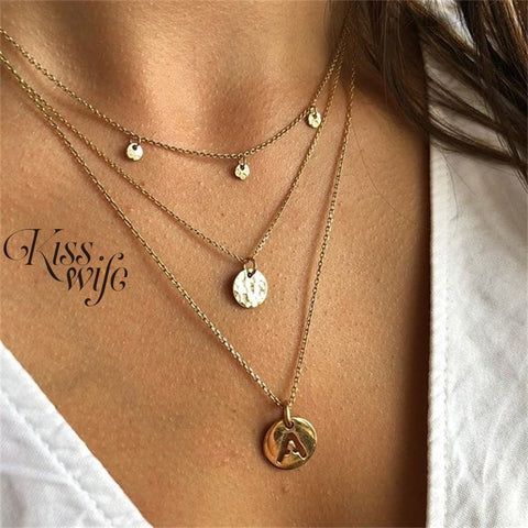 Bohemian Letter A Necklace for Women Long Chain Round Coin Multilayer Choker 2021