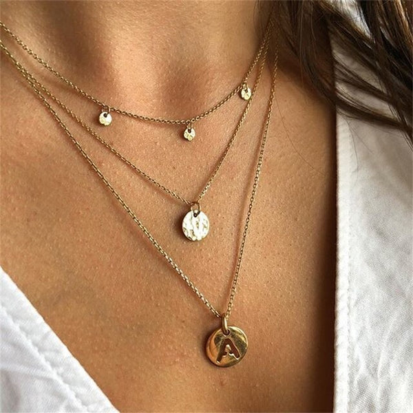 Bohemian Letter A Necklace for Women Long Chain Round Coin Multilayer Choker 2021