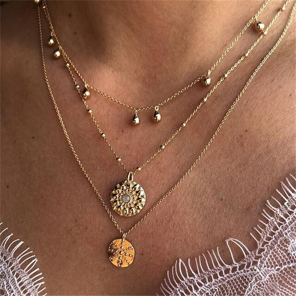 Bohemian Letter A Necklace for Women Long Chain Round Coin Multilayer Choker 2021