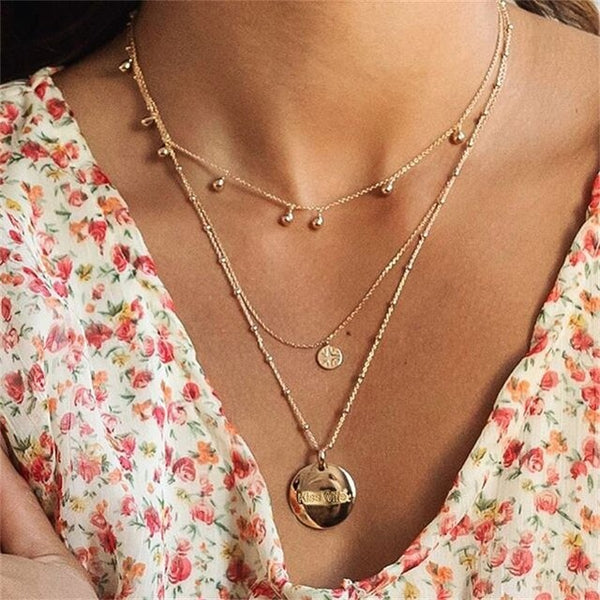 Bohemian Letter A Necklace for Women Long Chain Round Coin Multilayer Choker 2021