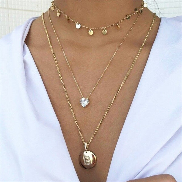 Bohemian Letter A Necklace for Women Long Chain Round Coin Multilayer Choker 2021
