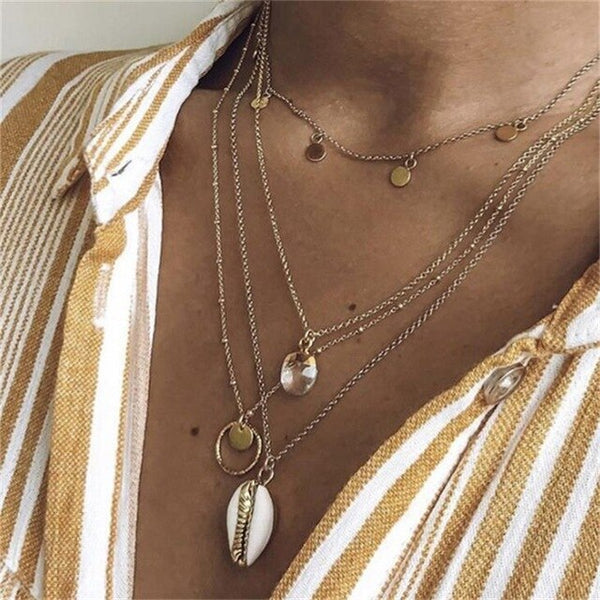 Bohemian Letter A Necklace for Women Long Chain Round Coin Multilayer Choker 2021