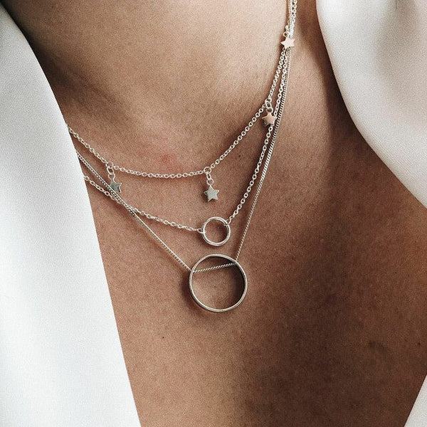 Bohemian Letter A Necklace for Women Long Chain Round Coin Multilayer Choker 2021