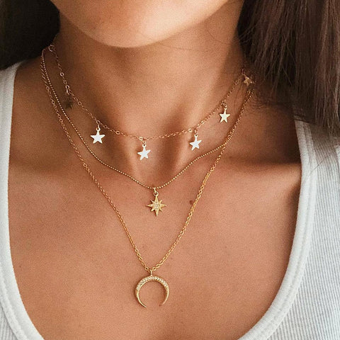 Vintage Multilayer Crystal Pendant Necklace Women Gold Color